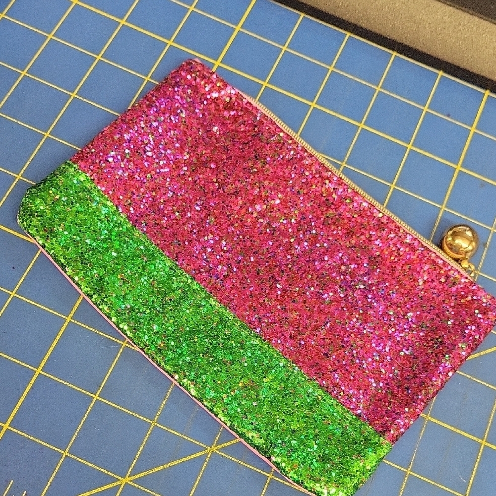 Glittery Pink and Green Pouch Cosmetic Bag